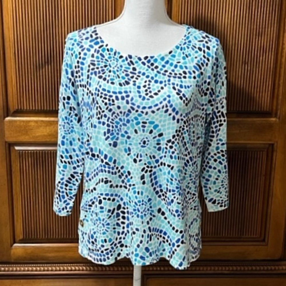 Talbots Petites Blue White Cotton Sweater Lightweight 3/4 Sleeves